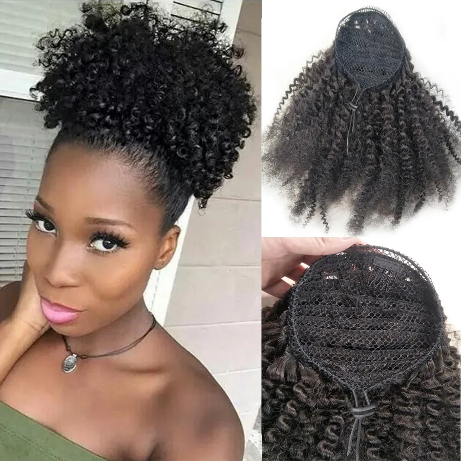 Afro Kinky Kıvırcık At Kuyruğu Siyah Kadınlar Için Doğal Siyah Remy Saç 1 parça Ponytails içinde Klip 100% İnsan Saç İpli