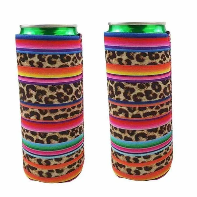 Slim Can Beer Sleeves Insulators Neoprene Beverage Cooler Cover Collapsible Cola Soda Bottle Koozies Cactus Leopard Can Sleeve CGY391