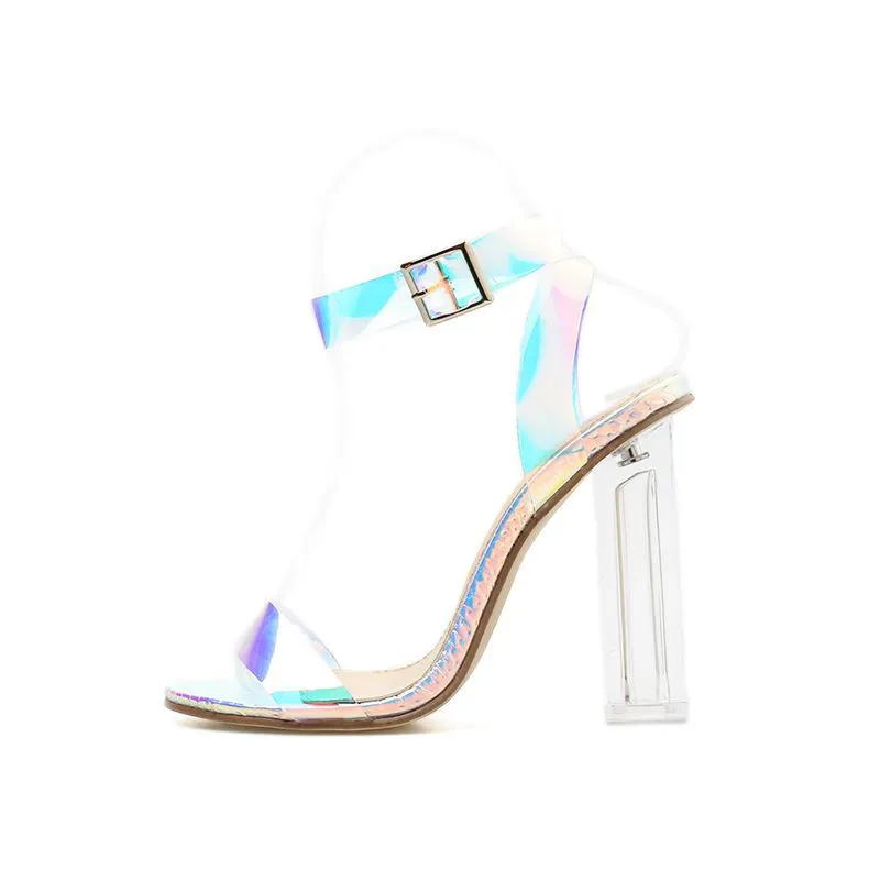 Fashion Hot Women Sexy Square Crystal Heels Sandals Summer Silver Clear Snadals Ladies Party Street ShoesSize 35-42