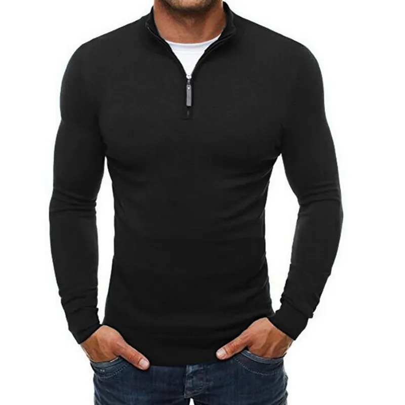 Men's Sweaters Casual Zipper Stand Collar Sweater Men Slim Fit Knitting Tops Male Fashion Solid Pullover HigH Quality