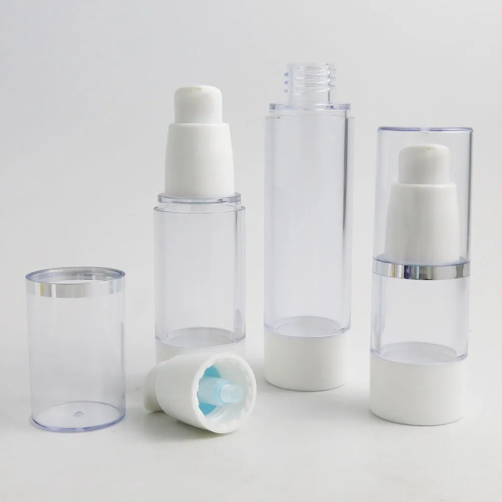 360 x 15 ml, 30 ml, 50 ml Reise-Luftlos-Pumpflasche aus weißem Kunststoff mit silberfarbenem Deckel, nachfüllbarer Lotion-Verpackungsbehälter