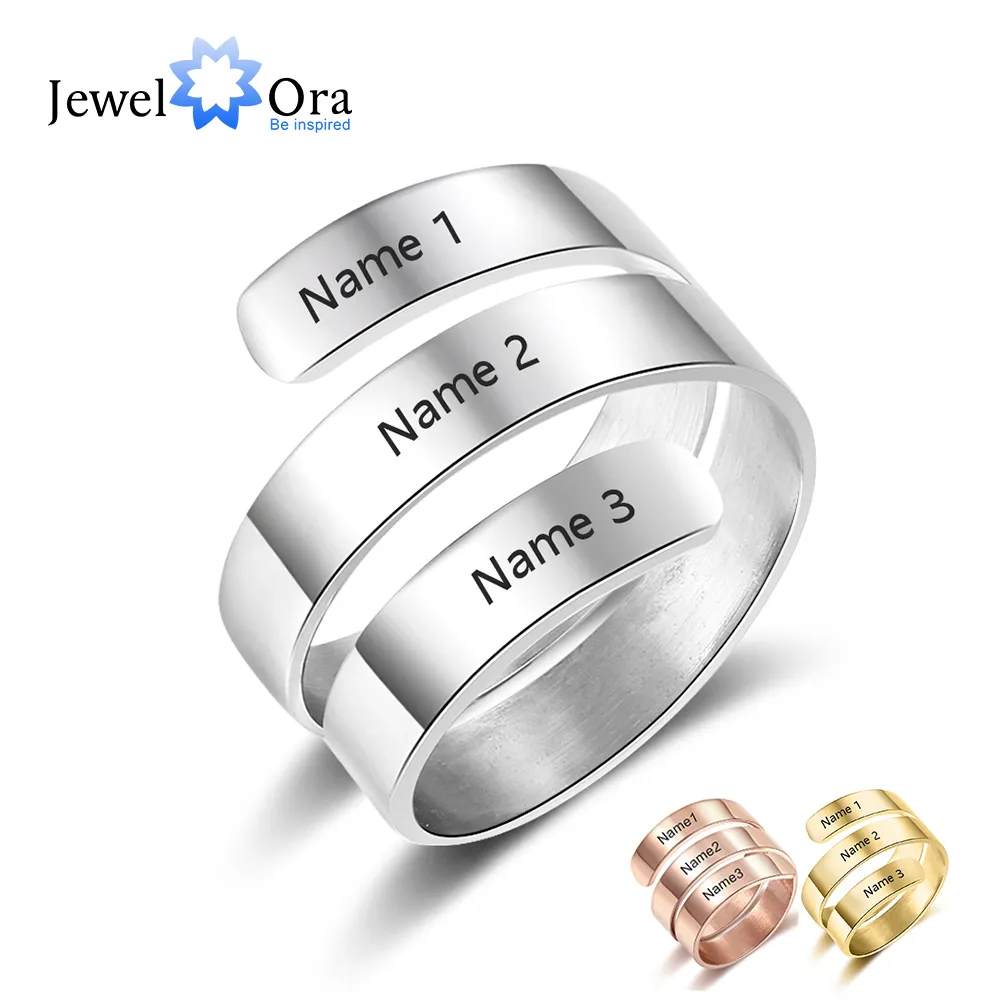 Presente personalizado gravado 3 nomes anel anéis ajustáveis ​​de aço inoxidável para mulheres jóias de aniversário (jóia RI103745)