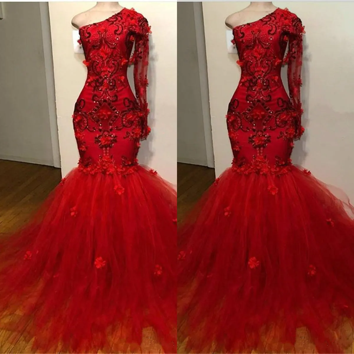 Elegant Red Prom Dresses One Shoulder Long Sleeves Mermaid Evening Gowns 2020 Lace Appliques Beads handmade Flowers Special Occasion Dress