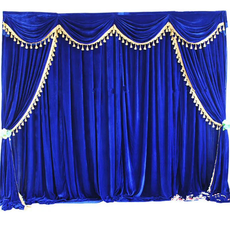 Rideaux de toile de fond de mariage en velours de haute qualité avec pompon Swags rideau de fond de scène de performance 3X3M mariage Deaoration2631