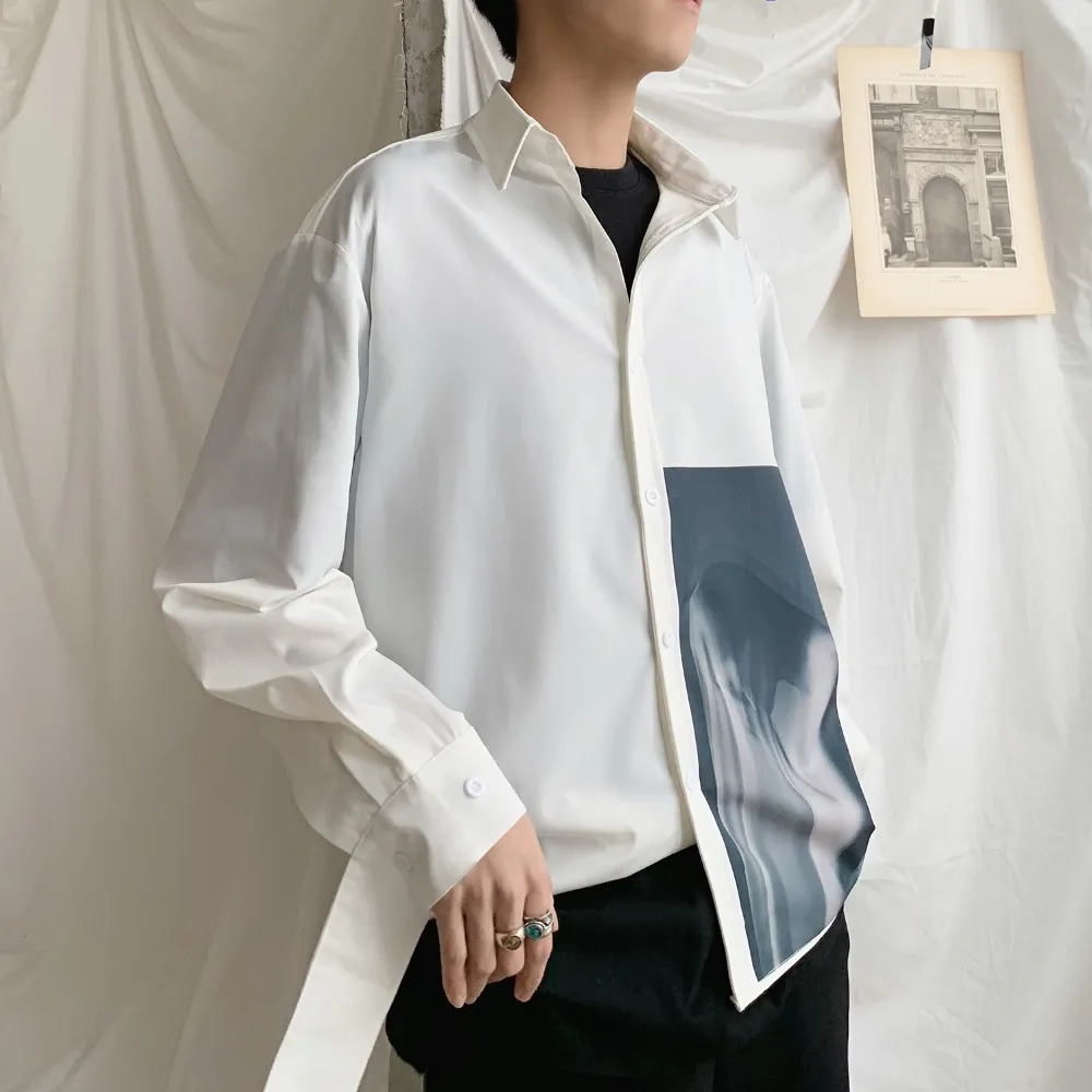 Printed Long Sleeve Men Shirts Slim White Korean Male Fashion