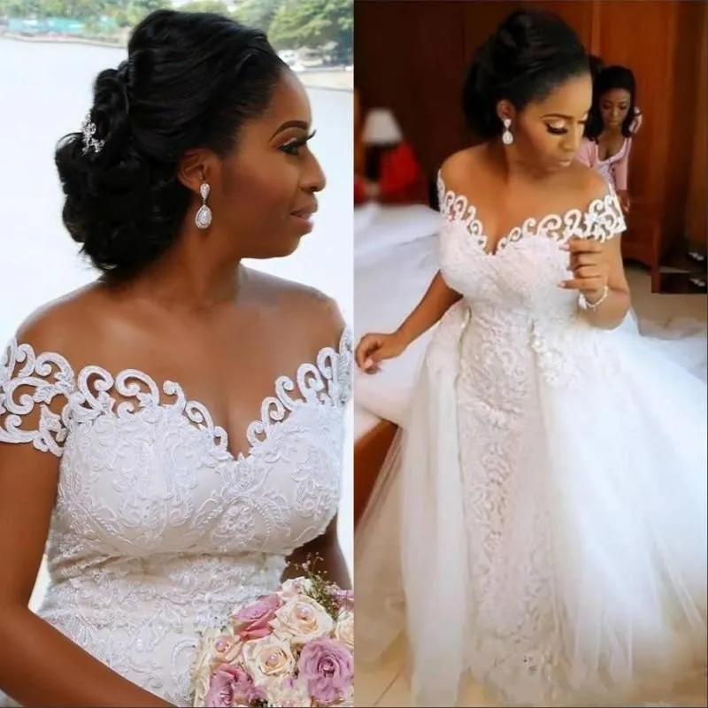 Sexy afrikanische nigerianische Meerjungfrau-Hochzeitskleider mit abnehmbarer Schleppe, volle Spitze, schulterfrei, kurzärmelige Brautkleider