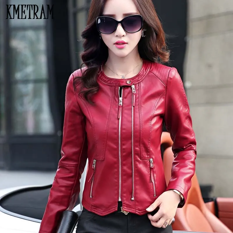 2019 Autumn Spring Veste En Cuir Femme Short Women Leather Jacket Faux PU Jackets Black Coat Red Jaqueta De Couro KMETRAM YJZ170