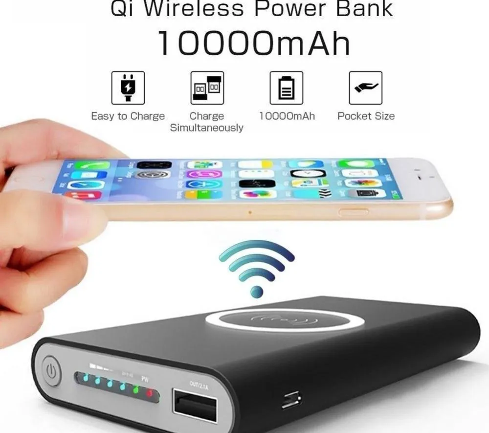 Banque de puissance portable universelle de charge sans fil QI 10000mah pour tous les smartphones Samsung LG HTC Mobile Power Chargeur portable sans fil QI