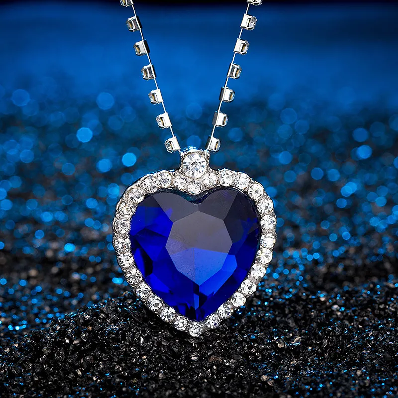 Romantic Heart of Ocean Necklace for Women Blue Red Crystal Heart Shape Lovers Gemstone Pendant Necklace Titanic Jewelry