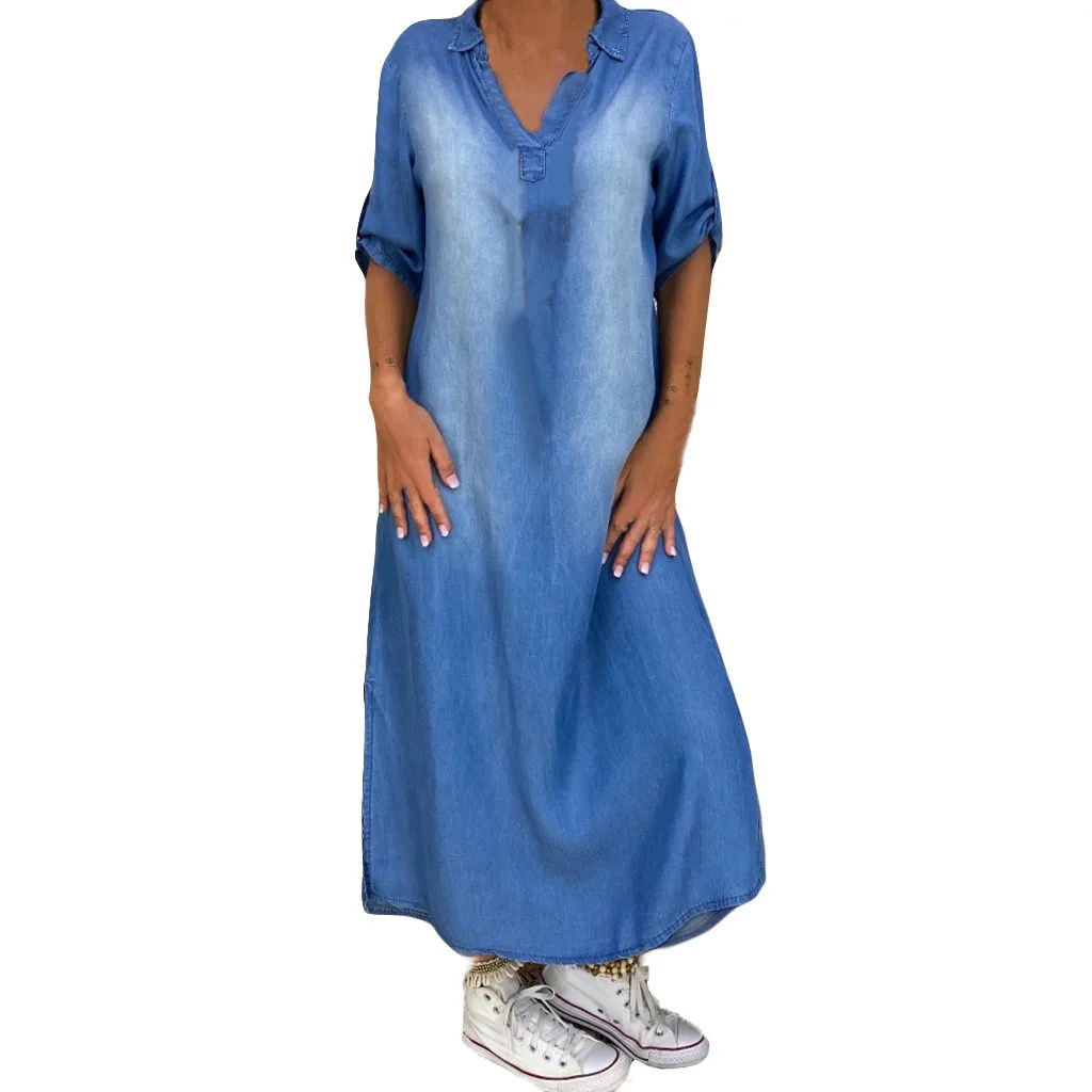 Stylish Women's Denim Linen Dress Women with V-Neck and Ankle Length