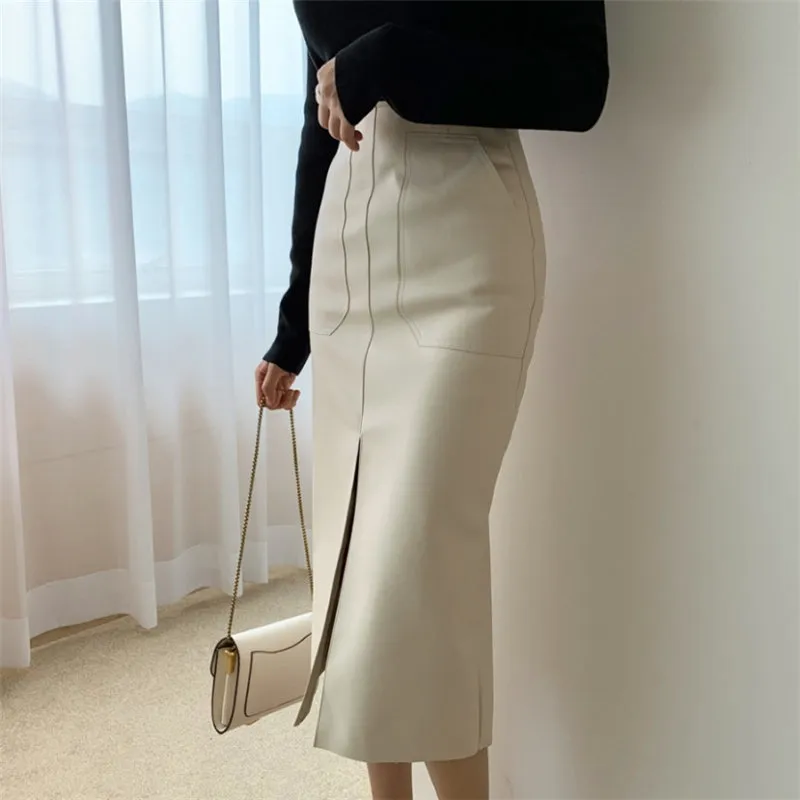 スカートhzirip女性2021秋の春のハイウエストオフィスレディース鉛筆ソリッドセクシーな正式なPUレザーエレガントなロングスカート