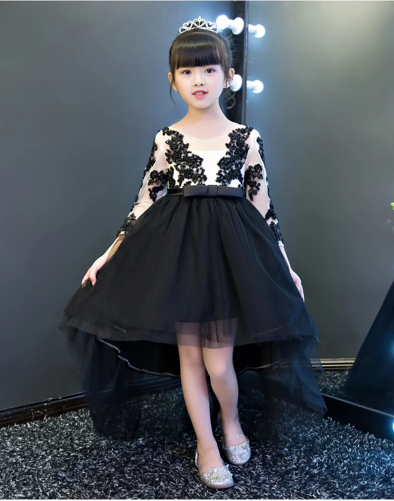Lovely Black Sleeves Applique Beads Girl's Pageant Dresses Flower Girl Dresses Princess Party Dresses Child Skirt Custom Made 2-14 H318512