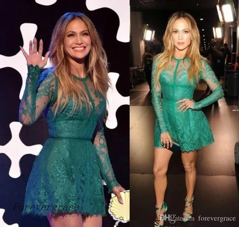 2019 Günstiges Jennifer Lopez-Roter Teppich-Langarm-Cocktailkleid mit Spitze, kurzes Urlaubs-Club-Wear-Heimkehr-Partykleid in Übergröße nach Maß