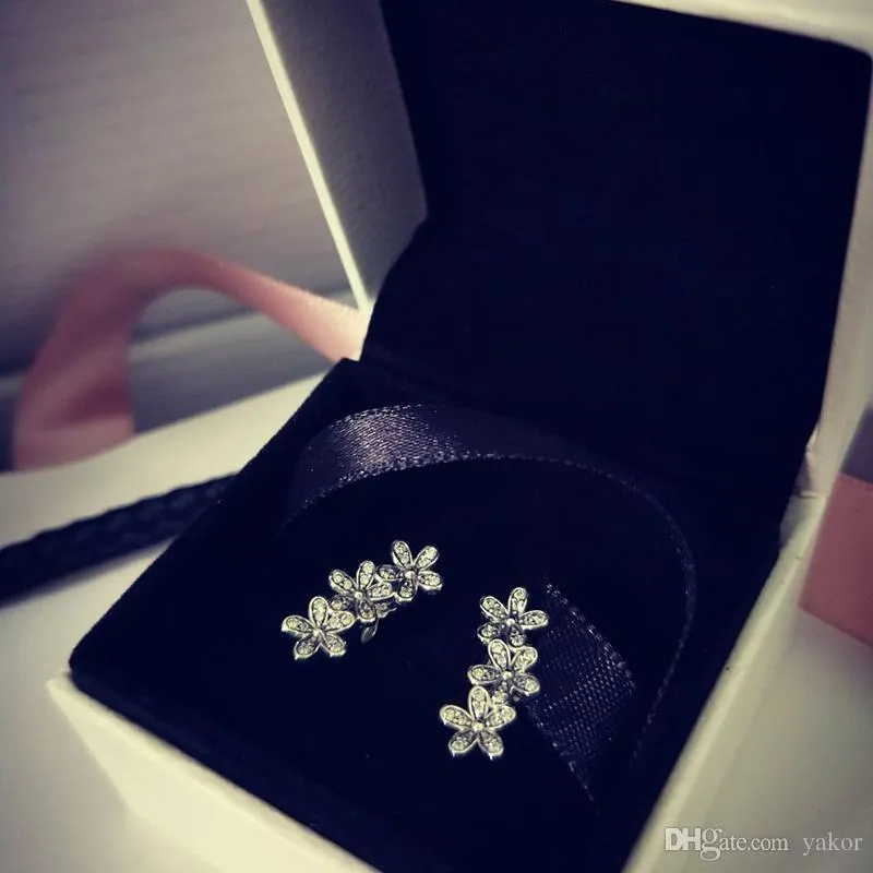 NYA 925 Sterling Silver CZ Diamantblommor ÖRHÄNGEN Original Box Set för Pandora 925 Snow Örhängen Dam Flickor Presentsmycken