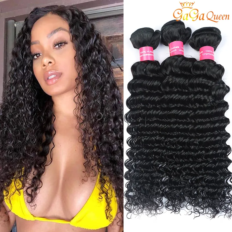 Brazilian Deep Wave Hair Weft Unprocessed Brazilian Deep Curly Hair Bundle 4Pcs Brazilian Virgin Human Hair Weaves Natural Black