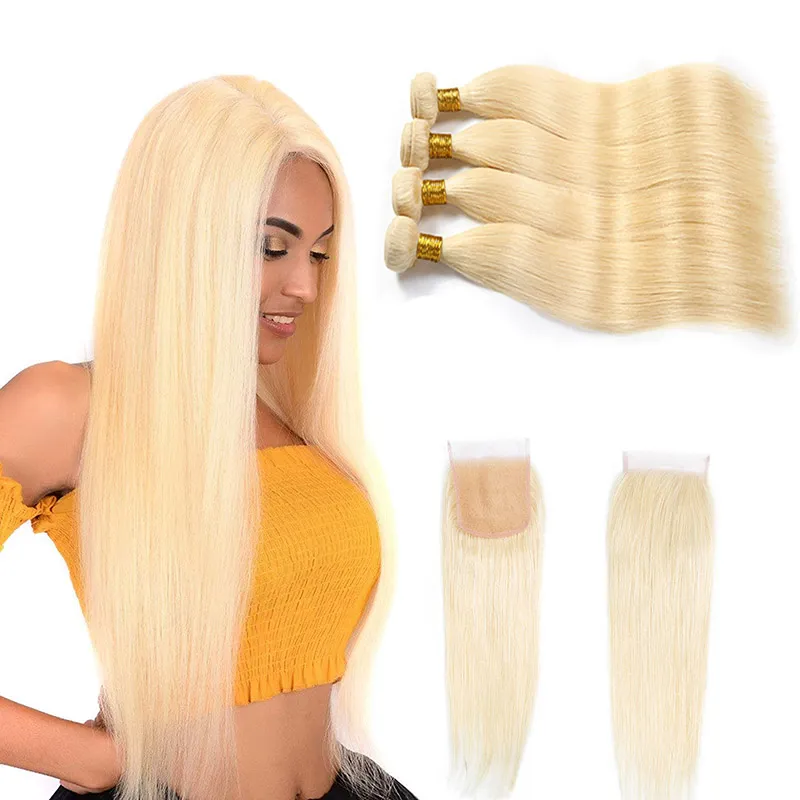 Peruanskt mänskligt hår 613 # Blondin rakt Remy 5 stycken En uppsättning Hårbuntar med 4x4 Spetslås Silky Rak 613 Blont Hår