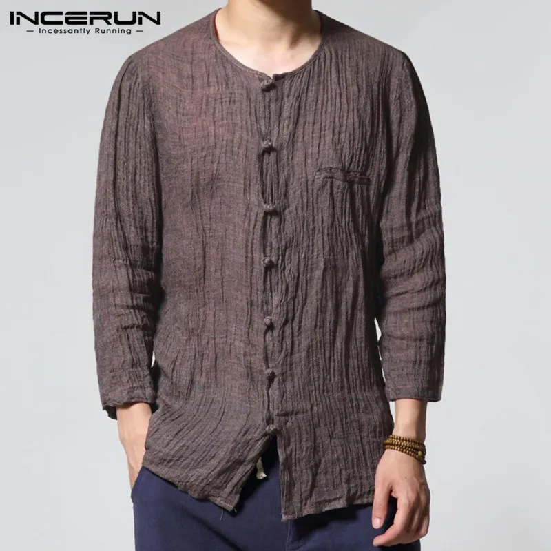 INCERUN 2019 Style chinois hommes chemises solide col rond 3/4 manches coton Vintage chemise décontracté mince Fitness Camisa Masculina S-3XL