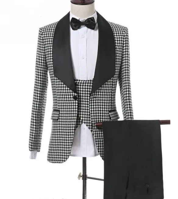 Smoking dello sposo in cotone pied de poule con un bottone Scialle con risvolto Cappotto uomo Prom Blazer Abiti da lavoro per feste (giacca + pantaloni + gilet + papillon) J638