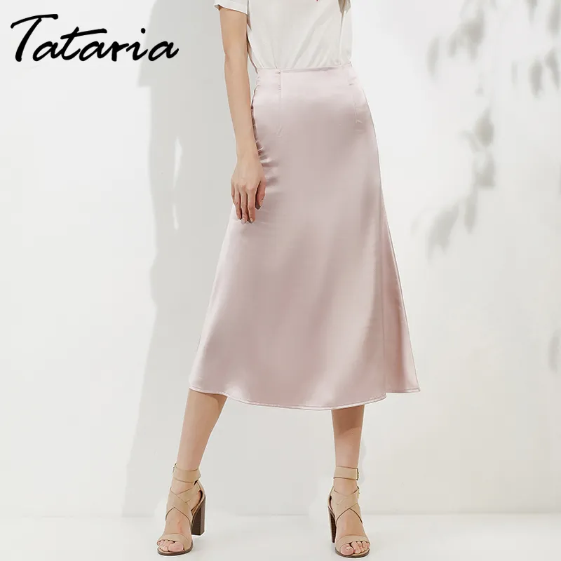 Tataria jupes taille haute pour femmes jupe en Satin de soie 2019 femmes a-ligne jupes élégantes jupe Midi nouveau Style coréen