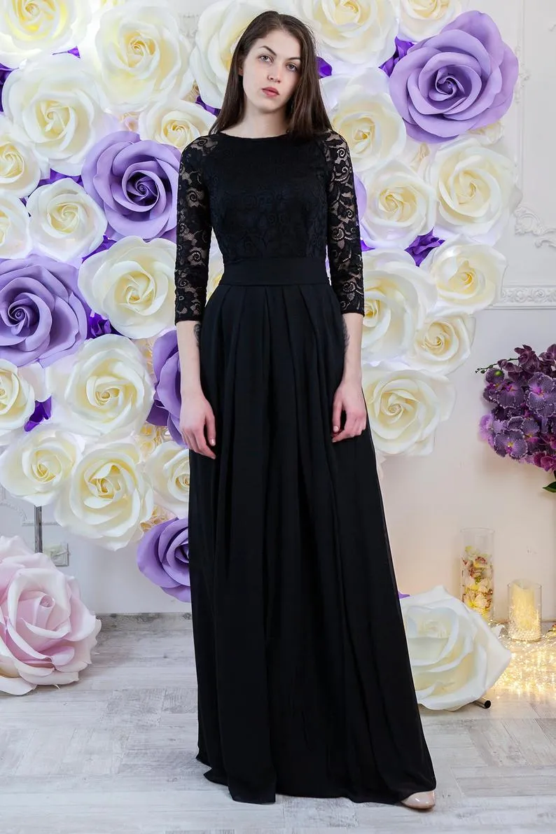 Abiti da damigella d'onore lunghi modesti in chiffon di pizzo nero con maniche a 3/4 e collo gioiello da donna Abiti da damigella d'onore formali rustici con maniche modeste