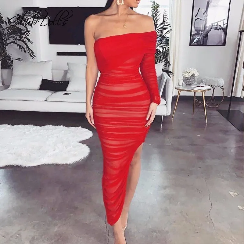 Ribbed Mesh Cocktail Dresses Women Slash Neck Midi Summer 2019 Party Formal Evening Gowns Split Cocktail Dress