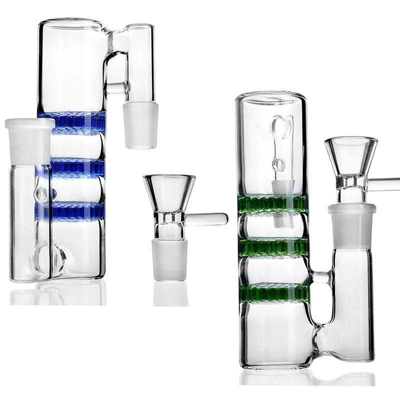 Bunte 90-Grad-Rauchsammler-Bong, Wasserpfeifen-Glaszubehör, 3 Filter-Perkolator, 14 mm, 18 mm-Verbindungen mit Schüssel, Bongs-Recycler-Aschefänger