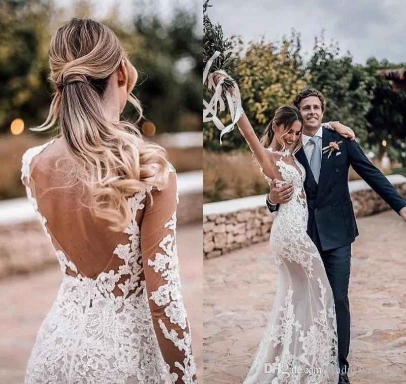 Sereia aberta back boho vestidos de noiva glamourosas mangas compridas laço jardim país igreja noiva vestidos de noiva feitos personalizados