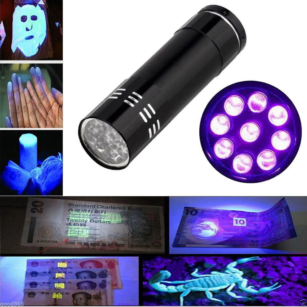 Kontantkontroll UV Ultra Violet ficklampa 9 LED Torch Multifunktion Mini Aluminium Ljuslampa med Rope Shop Essential Equipment
