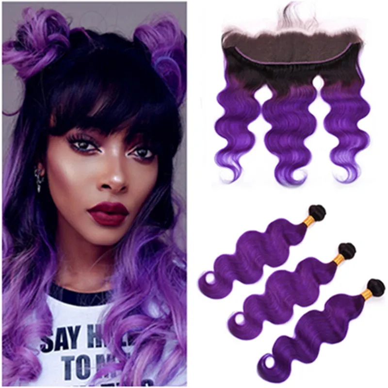 Brazylijskie ludzkie włosy Ombre Purple Body Wave Wiązki Wiązki Z Frontal # 1B / Fioletowy Ombre Human Hair 3 z koronki Frontal Closure 13x4