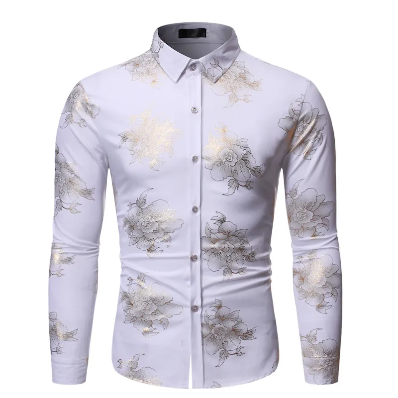 Camisa con estampado de papel de aluminio rosa a la moda para hombre 2019 marca ajustada de manga larga para hombre camisas de vestir DJ Club fiesta