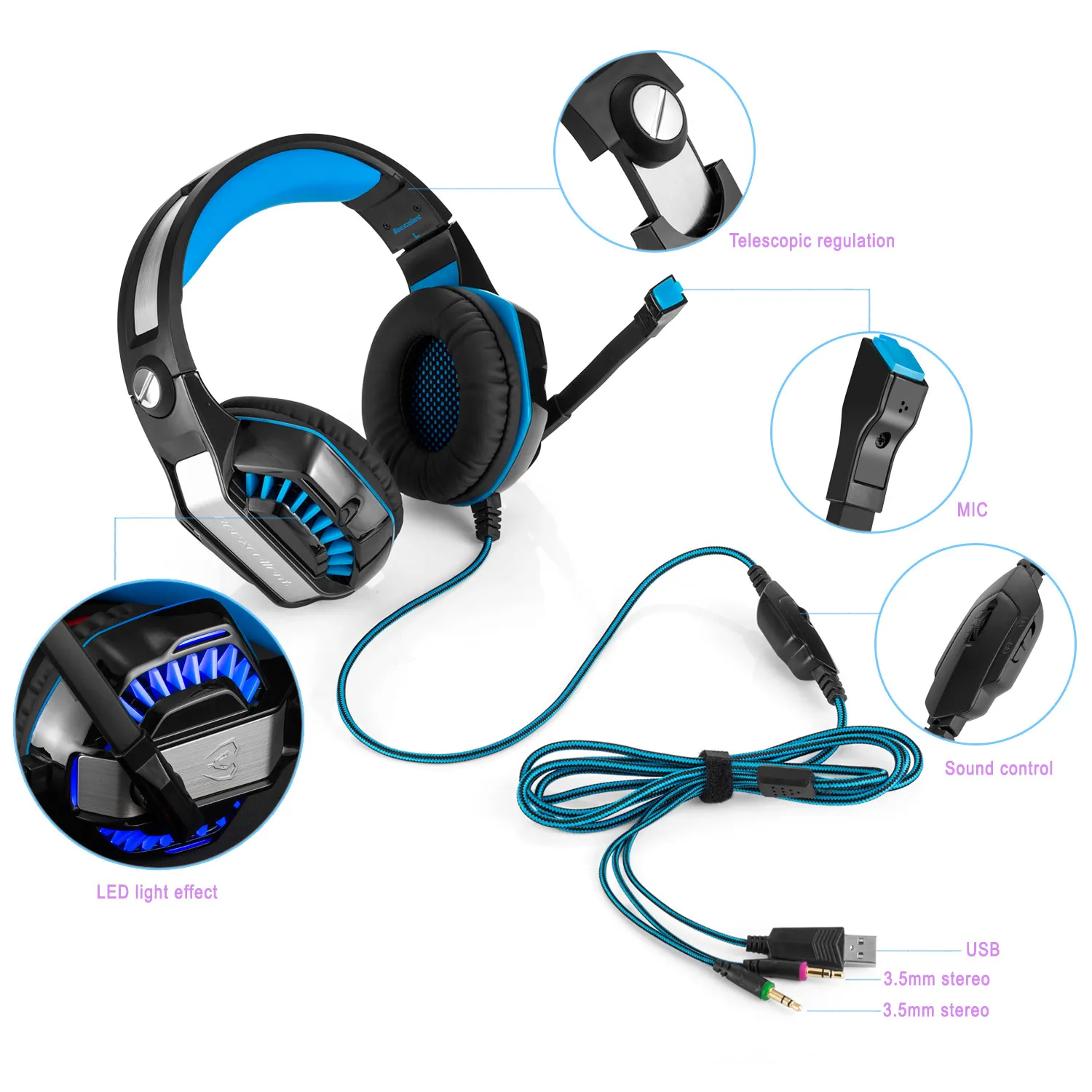 Beexcellent gm-2 headband jogo fones de ouvido duplo 3.5mm usb gaming headset com fio para ps4 xbox one pc gamer mic led luz fones de ouvido 16 pçs / lote