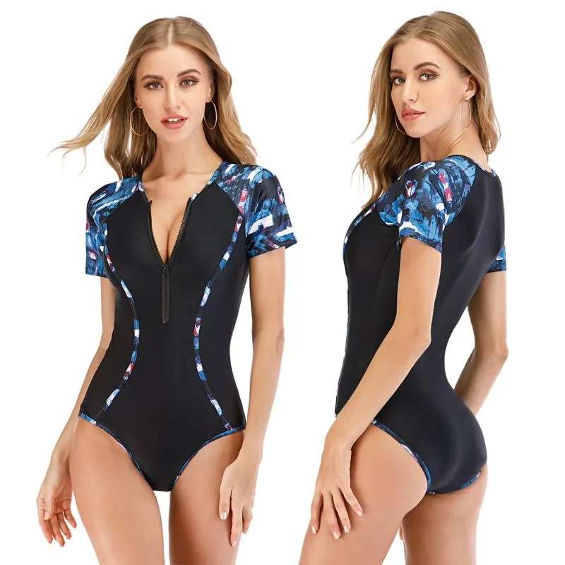 Women Short Sleeve One Piece Swimsuit Rash Guard Swimwear Surfing Bathing  Suit