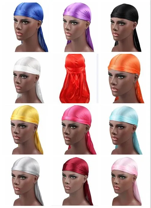 15 색 선택 여자와 남자 새틴 Durags 반다나 터 번 가발 남자 실키 Durag 모자를 쓰고 있죠 머리띠 해적 모자 헤어 액세서리