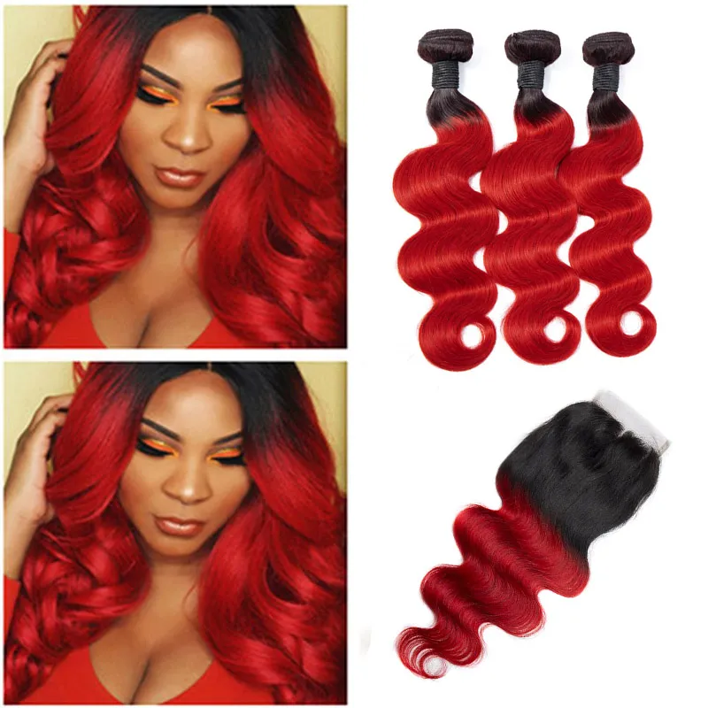 Malaysian Unprocessed Human Hair Extensions 3 Bundles With 4X4 Lace Closure Body Wave 1B/Red Body Wave 1b Red Ombre Hair Products 12-24inch