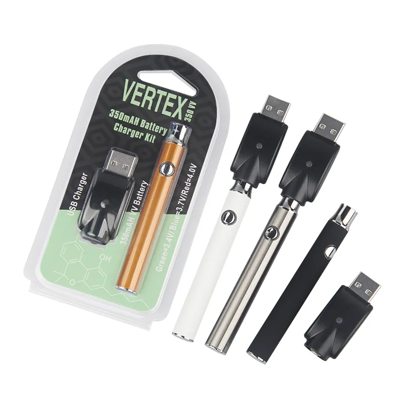 Vertex Preheating VV Battery Vape Pen Blister Kit 350mAh Variable Voltage Batterier med USB-laddare passar 510-gänga full keramisk patron