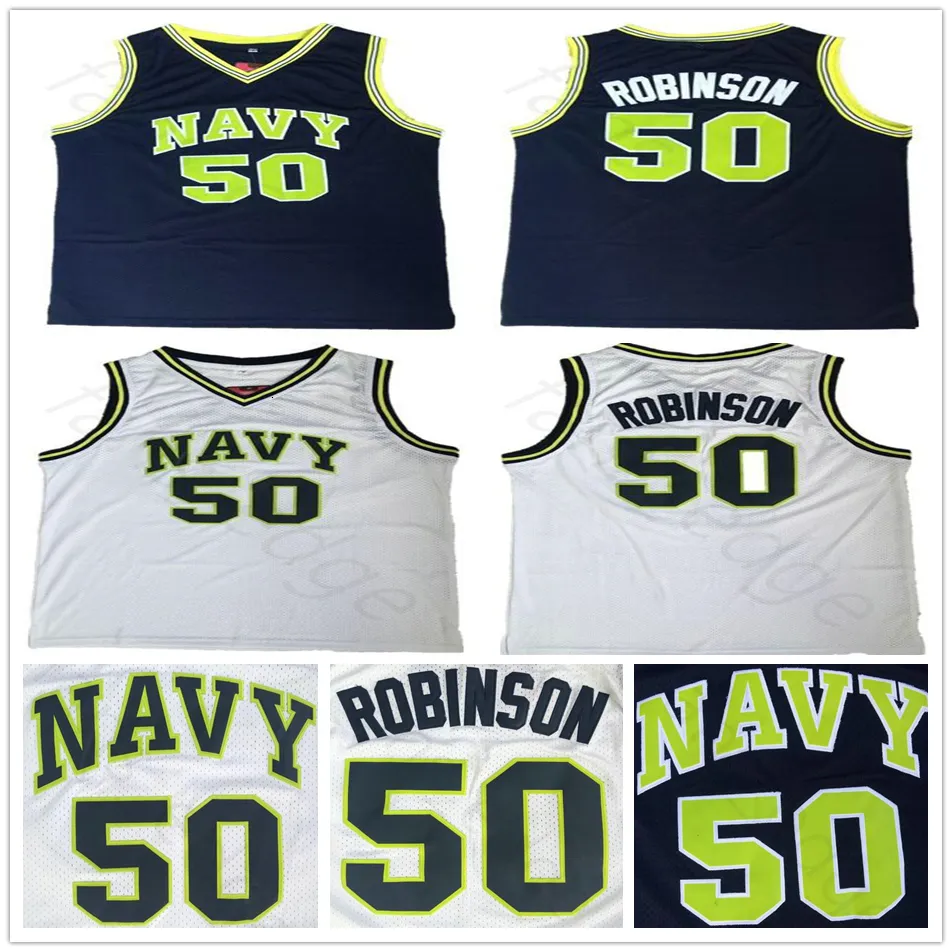 Academia Naval da NCAA David #50 Jerseys de basquete Robinson Navy USNA College Blue Branco David Robinson Camisa de Jersey Stitched
