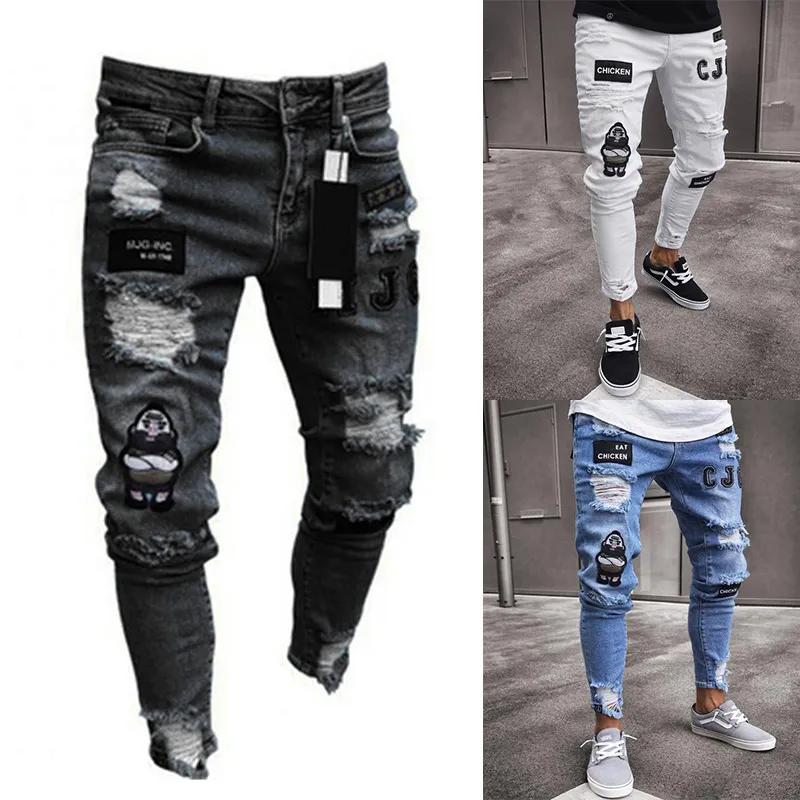 2020 стильные мужские разорванные джинсы скинни уничтожены избавленные тонкие пригодные джинсовые брюки брюки
