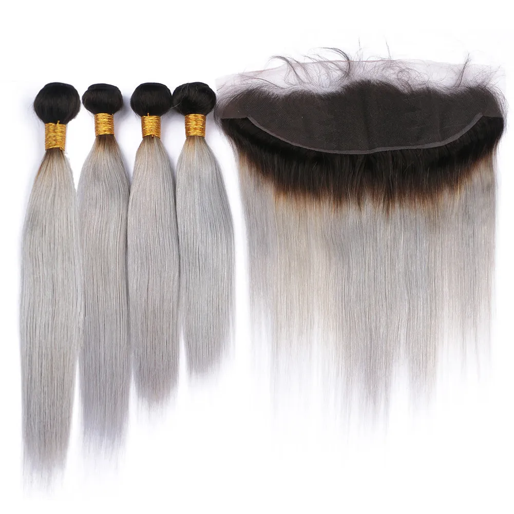 Fasci di capelli umani lisci Ombre con frontale # 1B Capelli vergini grigi Ombre Chiusura frontale in pizzo con intrecci Capelli malesi Ombre grigio argento