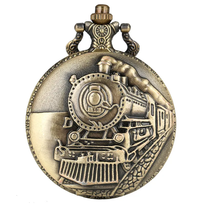 Vintage Bronze Train Front Locomotief Engine Railway Quartz Pocket Watch Steampunk Hanger Chain Womens Mens Gift