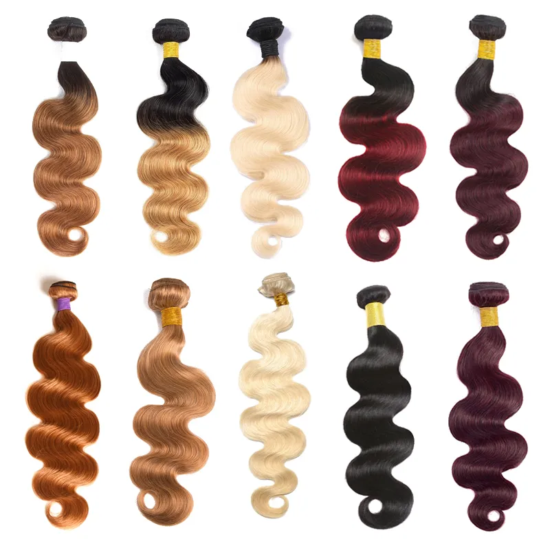 10A Feixes de Cabelo Humano Brasileiro Com Fechamento Ombre Cor Extensões de Cabelo 3 Pacotes com T1B 99J Onda Do Corpo Em Linha Reta cabelo