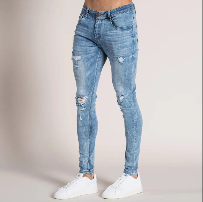 Herrskinny jeans super mager jeans män rippade stretch denim byxor elastisk midja stor storlek asiatisk storlek280j