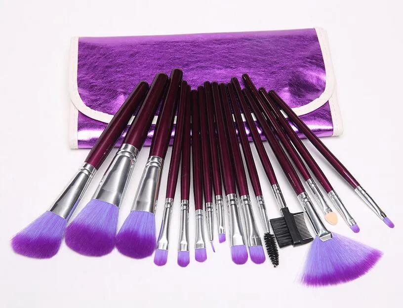 16PCS Purple Makeup Brushes Pro Cosmetic GOAT Hair Make Up Brushes Kit with Leather Case Bag BB Cream Face Powder Beauty Makeup Tools Free