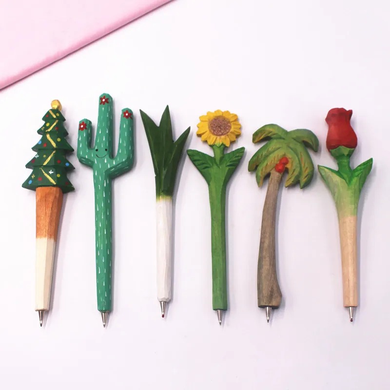 Creative Plant Series Writing Pen Hout Balpen Pennen Houten Nieuwheid Gift Cactus Wortel Zonnebloem School Stationaire Balpen Groothandel