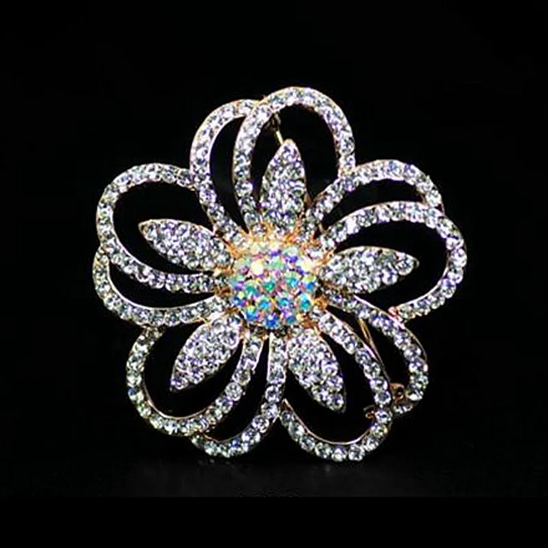 Rose Gold Plated Clear Rhinestone Crystal Diamantes Flower Party Brooch Pins