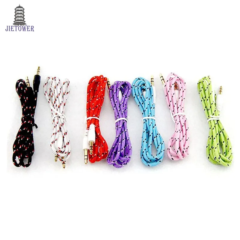 3.5mm Stereo Audio AUX Cable Braided Woven Fabric wire Auxiliary Cords Jack Male to Male M /M 1m Lead for Iphone samsung Mobile Phone 300pcs