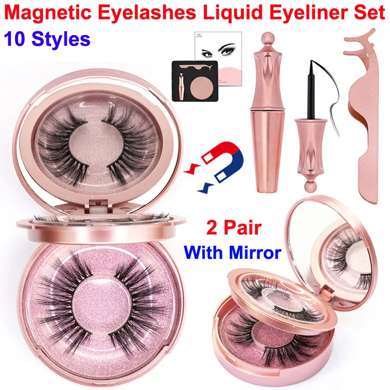 Magnetische wimpers vloeibare eyeliner set 2 paar valse wimpers met tweezer make-up spiegel 5 magneet 3D wimper herbruikbaar geen lijm nodig