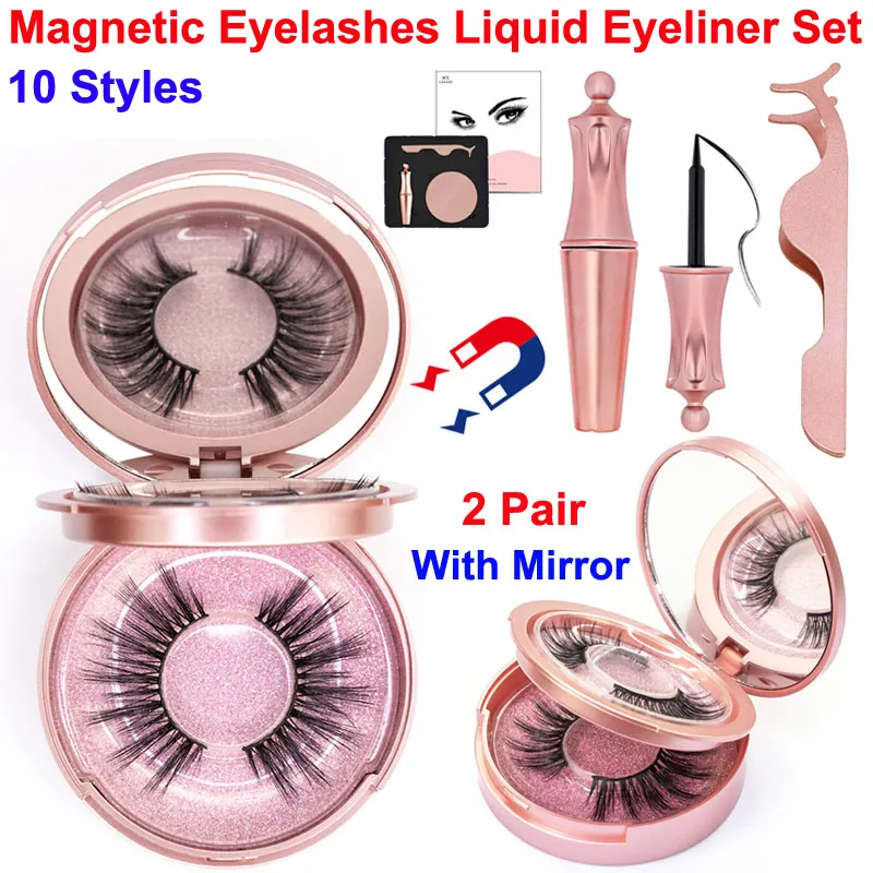 Magnetic Eyelashes Liquid Eyeliner Set 2 Pair False Eyelashes with Tweezer makeup mirror 5 magnet 3D eyelash reusable No Glue Needed