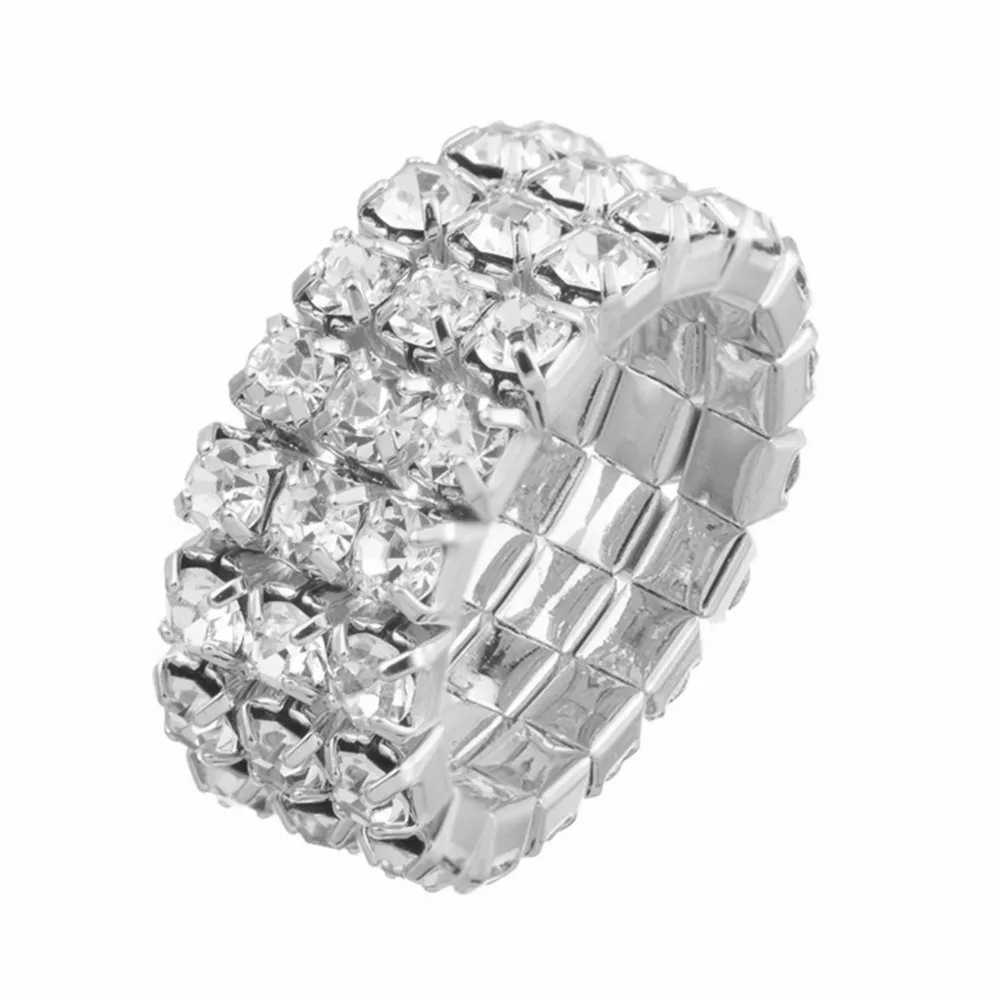 Mode rangées coloré cristal strass anneaux réglables étincelant brillant 3 rangées anneau élastique pour les femmes mariée bijoux de mariage