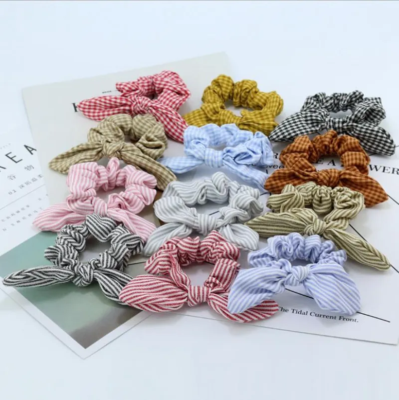 14 Stripe Plaid Bunny Hairbands Elastic Ponytail Holders For Women And