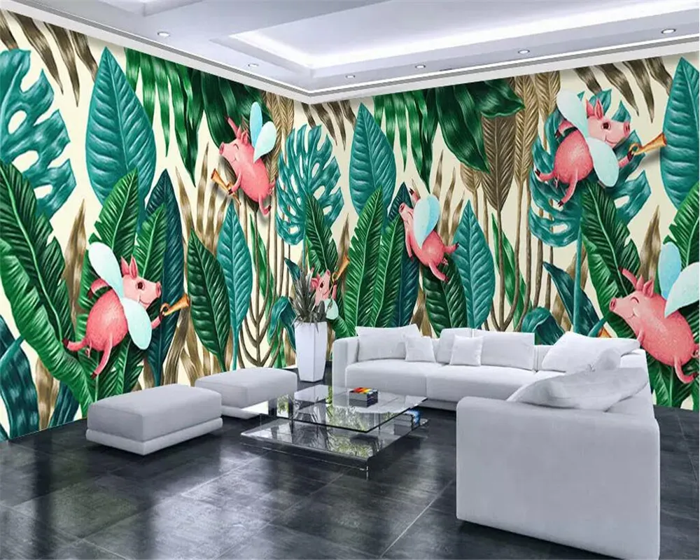 Stickers muraux muraux de feuilles tropicales vertes, fleur d'hibiscus  tropical